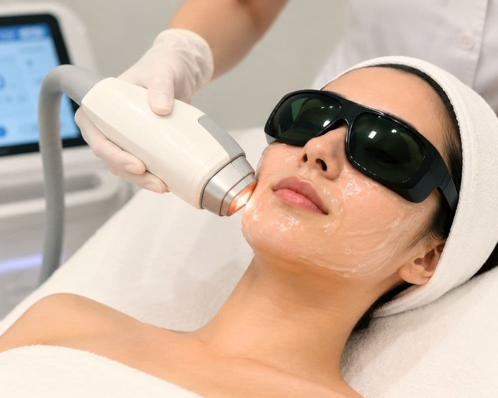 A patient in protective eyewear receiving a non-surgical laser facial treatment from a gloved practitioner.